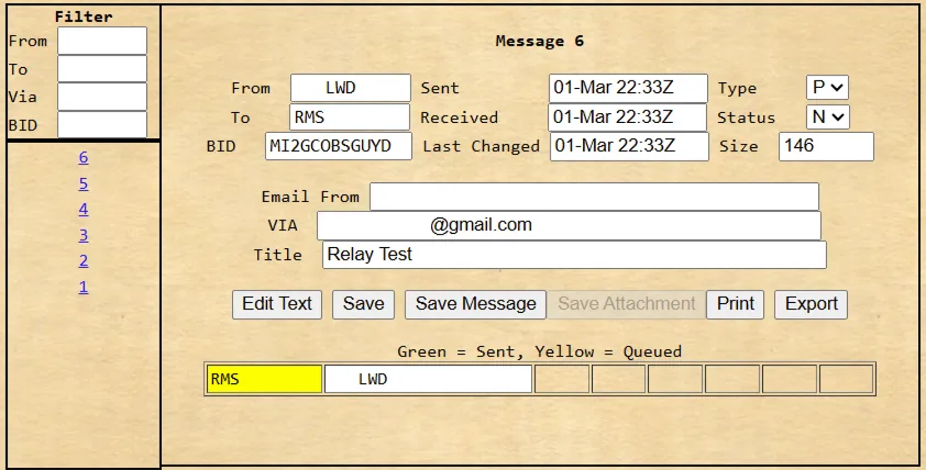 LinBPQ mail view with the message queued