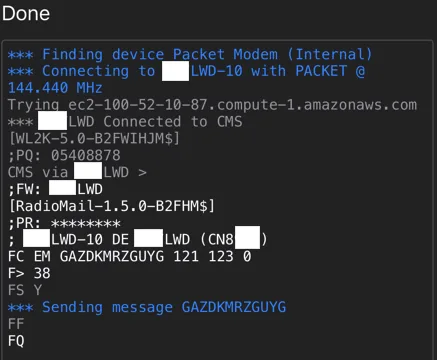 Session log: gateway connected to CMS and sending a message