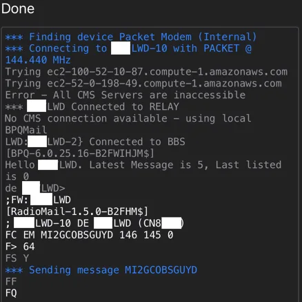 Session log: no CMS connection, gateway using local relay